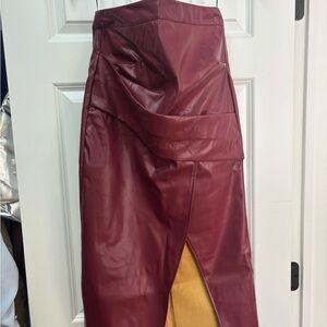Commense Asymmetrical Burgundy Leather Skirt